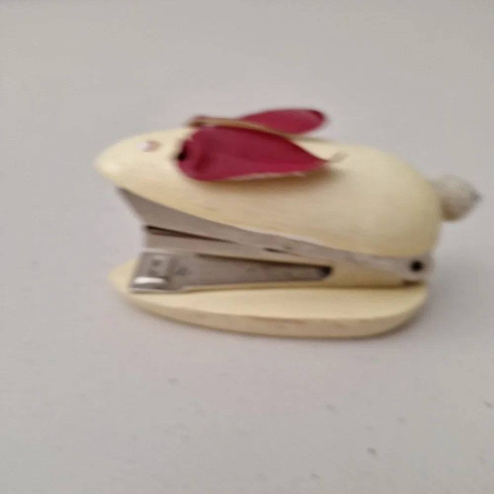 Vintage WOODEN MOUSE STAPLER 1950's Mid-Century Modern Leather Ears Painted